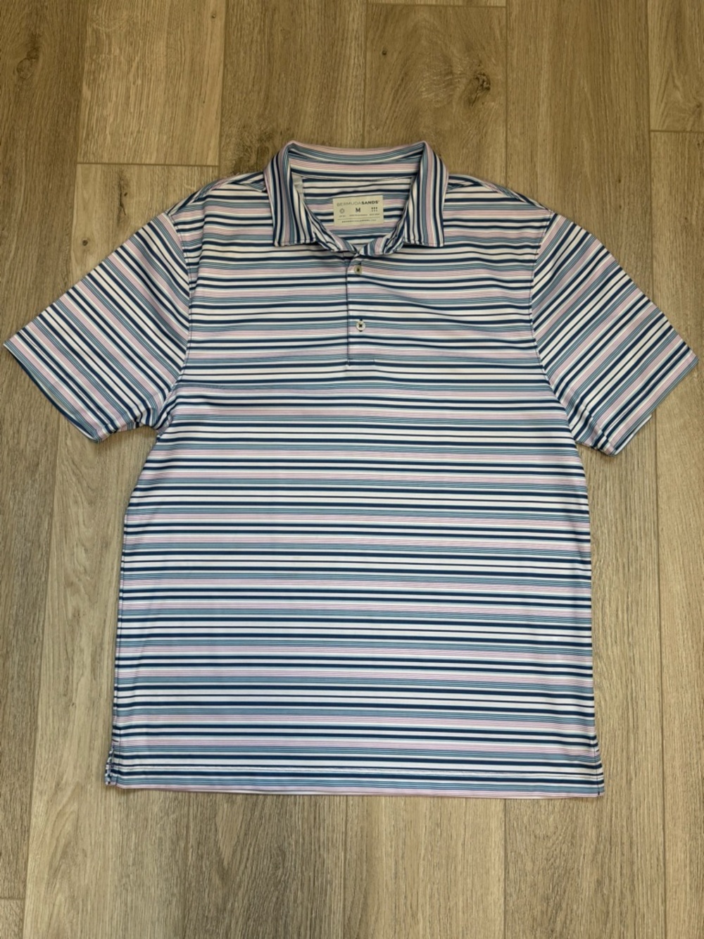 BERMUDA SANDS - Men's Striped Short-Sleeve Polo - Light Blue & Pink - Size M